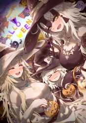 Rule 34 | 3girls, bare shoulders, bell, black headwear, blonde hair, blush, breasts, bridal gauntlets, candy, closed eyes, closed mouth, detached sleeves, fate/apocrypha, fate/grand order, fate (series), food, halloween, hat, headpiece, highres, jack-o&#039;-lantern, jeanne d&#039;arc (fate), jeanne d&#039;arc (ruler) (fate), jeanne d&#039;arc alter (avenger) (fate), jeanne d&#039;arc alter (fate), jeanne d&#039;arc alter santa lily (fate), jingle bell, large breasts, long hair, looking at viewer, multiple girls, open mouth, ponytail, pumpkin, ru 251, silver hair, small breasts, smile, sparkle, very long hair, wand, wavy mouth, white headwear, witch hat, yellow eyes