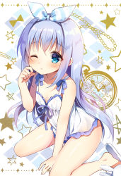Rule 34 | 1girl, bare arms, bare shoulders, between legs, blue bow, blue eyes, blue hair, blue ribbon, blush, bow, closed mouth, collarbone, commentary request, dress, gochuumon wa usagi desu ka?, hair between eyes, hair ribbon, hand between legs, kafuu chino, long hair, looking at viewer, mauve, one eye closed, pocket watch, ribbon, sitting, sleeveless, sleeveless dress, slippers, solo, star (symbol), striped ribbon, very long hair, wariza, watch, white dress, white footwear