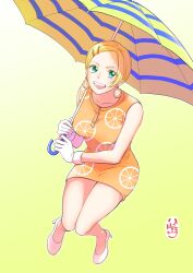 Rule 34 | 1girl, blonde hair, commentary request, dress, earrings, food-themed earrings, food themed earrings, from above, full body, gloves, gradient background, green hair, high heels, highres, holding, holding umbrella, jewelry, lemon earrings, lemon print, miss valentine, one piece, open mouth, orange dress, short hair, sidelocks, sleeveless, sleeveless dress, smile, solo, teeth, tsutsujirikyou, umbrella, upper teeth only, white background, white footwear, white gloves, yellow background