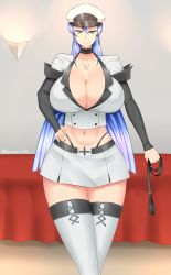 Rule 34 | 1girl, absurdres, akame ga kill!, blue eyes, blue hair, boots, breasts, choker, cleavage, esdeath, hat, highres, huge breasts, joel-lepreux, long hair, looking at viewer, midriff, military, military uniform, miniskirt, narrow waist, navel, peaked cap, queen, skirt, solo, thigh boots, thighhighs, uniform, very long hair, whip, wide hips