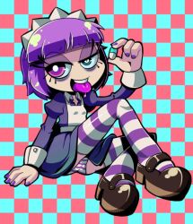 Rule 34 | 1girl, bags under eyes, brown footwear, cameltoe, checkered background, colored tongue, drooling, drugs, eyelashes, futaba channel, heterochromia, holding pill, maid, maid headdress, mary janes, nail polish, nijiura maids, panties, pill, purple nails, purple tongue, shoes, short hair, sitting, soxy, striped clothes, striped panties, striped thighhighs, thighhighs, tongue, tongue out, underwear, yakui