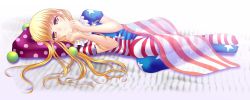 Rule 34 | 1girl, american flag, american flag dress, american flag legwear, blonde hair, blush, clownpiece, full body, hat, highres, jester cap, long hair, looking at viewer, lying, on side, pantyhose, print pantyhose, red eyes, see-through, shirt, short sleeves, shounen (hogehoge), solo, star (symbol), striped clothes, striped pantyhose, touhou, unworn hat, unworn headwear