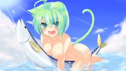 Rule 34 | 1girl, :d, ahoge, animal ears, bikini, blush, breasts, cat ears, cat tail, cleavage, completely nude, dodome-iro mayonnaise, fish, green eyes, green hair, hair ornament, highres, large breasts, light rays, looking at viewer, matching hair/eyes, nipples, nude, open mouth, original, partially submerged, sharon (dodomayo), short hair, side-tie bikini bottom, smile, solo, sunbeam, sunlight, swimsuit, tail, water