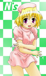 Rule 34 | 00s, 1girl, blonde hair, buttons, checkered background, glint, looking at viewer, lyrical nanoha, mahou shoujo lyrical nanoha, mahou shoujo lyrical nanoha a&#039;s, nurse, purple eyes, shamal, short hair, short sleeves, simple background, smile, solo, standing, syringe