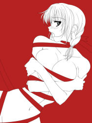 Rule 34 | 1girl, breasts, hiviki n&#039;alchemy, monochrome, naked ribbon, nude, original, red theme, ribbon, solo, source