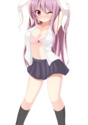 Rule 34 | 1girl, animal ears, blush, bra, breasts, rabbit ears, chimunge, dress shirt, female focus, highres, large breasts, long hair, navel, no pants, one eye closed, open clothes, open shirt, pink bra, pink hair, purple hair, red eyes, reisen udongein inaba, revision, shirt, skirt, solo, touhou, underwear, white background, wink