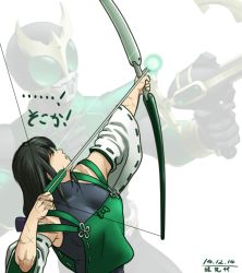 Rule 34 | 1girl, alternate color, archery, arrow (projectile), black hair, bow (weapon), breasts, detached sleeves, drawing bow, green eyes, hair ribbon, holding bow (weapon), kamen rider, kamen rider kuuga, kamen rider kuuga (series), large breasts, leotard, long hair, low twintails, m.u.g.e.n, nontraditional miko, original, projected inset, ribbon, scar, sendai hakurei no miko, solo focus, taikyokuturugi, twintails, weapon, wide sleeves
