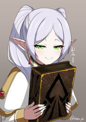 Rule 34 | 1girl, book, brown background, capelet, closed mouth, dangle earrings, dress, earrings, elf, frieren, green eyes, grey hair, grimoire, half-closed eyes, highres, holding, holding book, jewelry, long hair, long sleeves, looking at viewer, no nose, parted bangs, pointy ears, shirahira kousuke, simple background, smile, smirk, solo, sousou no frieren, twintails, twitter username, upper body, white capelet, white dress