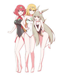 Rule 34 | 3girls, adapted costume, animal ears, arm around shoulder, bare legs, bare shoulders, barefoot, blonde hair, breasts, cat ears, chest jewel, chirun0, cleavage, competition swimsuit, female focus, full body, grey hair, highres, locked arms, long hair, looking at viewer, multiple girls, mythra (radiant beach) (xenoblade), mythra (xenoblade), nia (blade) (xenoblade), nia (xenoblade), official alternate costume, one-piece swimsuit, pyra (pro swimmer) (xenoblade), pyra (xenoblade), red hair, short hair, simple background, smile, standing, strapless, strapless one-piece swimsuit, swimsuit, thigh gap, tiara, very long hair, xenoblade chronicles (series), xenoblade chronicles 2