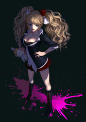 Rule 34 | 1girl, :d, black background, black bra, black footwear, black jacket, blonde hair, blood, blood splatter, blue eyes, boots, bow, bra, breasts, rabbit hair ornament, cleavage, collarbone, curly hair, danganronpa: trigger happy havoc, danganronpa (series), drill hair, enoshima junko, floating hair, frilled bra, frills, from above, full body, hair bow, hair ornament, hand on own hip, hei yu, highres, holding, holding stuffed toy, jacket, knee boots, long hair, looking at viewer, medium breasts, miniskirt, multicolored bow, nail polish, open mouth, pink blood, plaid, plaid skirt, pleated skirt, red bow, red nails, red skirt, skirt, sleeves rolled up, smile, solo, standing, stuffed animal, stuffed toy, underwear, very long hair, white bow