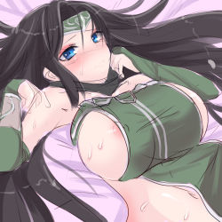 Rule 34 | 1girl, 3:, akali, akali (legacy), areola slip, bare shoulders, black hair, black neckwear, blue eyes, blush, breasts, closed mouth, female focus, large breasts, league of legends, long hair, looking at viewer, lying, mizunaka, naked tabard, on back, solo, sweat, tabard, wavy mouth