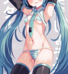 1girl arms_behind_back bikini blue_eyes blue_hair breasts detached_collar detached_sleeves drawing_kanon from_below hatsune_miku headset long_hair looking_at_viewer meme meme_attire miku_collar_bikini necktie pink_background simple_background small_breasts solo striped_bikini striped_clothes swimsuit thighhighs twintails very_long_hair vocaloid