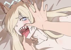 Rule 34 | 1girl, 1other, absurdres, animal ear fluff, animal ears, blonde hair, blue archive, blush, close-up, dog ears, finger in another&#039;s mouth, grey eyes, hair over one eye, highres, kanna (blue archive), long hair, mouth pull, nude, open mouth, osame, sharp teeth, solo focus, sweat, teeth, tongue, tongue grab, tongue out