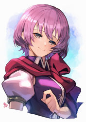 Rule 34 | 1girl, closed mouth, fire emblem, fire emblem: new mystery of the emblem, grey eyes, highres, katarina (fire emblem), looking at viewer, nakabayashi zun, nintendo, puffy short sleeves, puffy sleeves, purple hair, red scarf, scarf, short hair, short sleeves, simple background, smile, solo, upper body