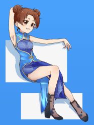Rule 34 | 1girl, absurdres, alternate costume, alternate hairstyle, arm behind head, arm up, armpits, blue background, blue dress, boots, brown eyes, brown hair, china dress, chinese clothes, commentary, double bun, dress, girls und panzer, grey footwear, grin, hair bun, hair up, highres, invisible chair, kadotani anzu, leaning back, long dress, midori no gomamugi, parted bangs, pelvic curtain, print dress, shadow, short hair, sitting, sleeveless, sleeveless dress, smile, solo