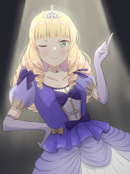 Rule 34 | 1girl, absurdres, blonde hair, blush, collarbone, commentary, crown, dante (vl dante), dress, drill hair, elbow gloves, gloves, green eyes, hand on own hip, heanna sumire, highres, jewelry, long hair, looking at viewer, love live!, love live! superstar!!, necklace, nonfiction!! (love live!), one eye closed, purple dress, purple gloves, sidelocks, solo, spotlight, upper body