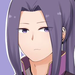 Rule 34 | 1boy, closed mouth, eyes visible through hair, fate/stay night, fate (series), i.u.y, long hair, looking at viewer, male focus, outline, parted bangs, ponytail, portrait, purple background, purple eyes, purple hair, sasaki kojirou (fate), sidelocks, smile, solo, white outline