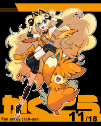 Rule 34 | 1girl, :3, animal ears, bare shoulders, bike shorts, blonde hair, blue eyes, blush stickers, cat ears, clenched hands, commentary, crab-san, creatures (company), crop top, elbow sleeve, english commentary, fingerless gloves, game freak, gloves, headset, leg up, long hair, midriff, nintendo, open mouth, pawmot, poke ball, poke ball (basic), pokemon, pokemon (creature), project voltage, seeu, shin guards, smile, toeless footwear, very long hair, vocaloid