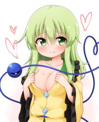 Rule 34 | 1girl, alternate hairstyle, bare shoulders, blush, breasts, cleavage, covered erect nipples, eyeball, green eyes, green hair, heart, heart-shaped pupils, komeiji koishi, long hair, looking at viewer, looking to the side, medium breasts, off shoulder, smile, solo, suwa yasai, symbol-shaped pupils, third eye, touhou, upper body