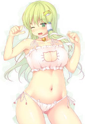 Rule 34 | 1girl, :3, bell, blush, bra, breasts, cat cutout, cat ear panties, cat lingerie, choker, cleavage, cleavage cutout, clothing cutout, collarbone, colored eyelashes, cowboy shot, frog hair ornament, green eyes, green hair, hair ornament, highres, ichio, jingle bell, kochiya sanae, large breasts, long hair, looking at viewer, matching hair/eyes, meme attire, navel, neck bell, one eye closed, open mouth, panties, paw pose, shiny skin, side-tie panties, smile, snake hair ornament, solo, thigh gap, thighs, touhou, underwear, underwear only, very long hair, white bra, white panties, wink