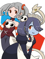 Rule 34 | 2girls, apron, bloody marie (skullgirls), bloody marie (skullgirls) (cosplay), blue hair, blue skin, brooch, colored skin, cosplay, costume switch, detached collar, detached sleeves, dress, frilled apron, frills, grey hair, hair ornament, hitsujiko, jewelry, maid headdress, multiple girls, red eyes, side ponytail, skull hair ornament, skullgirls, smile, squigly (skullgirls), squigly (skullgirls) (cosplay), stitched mouth, stitches, striped, striped sleeves, twintails, zombie