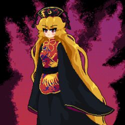 Rule 34 | 1girl, black dress, black sash, blonde hair, chinese clothes, dark background, dress, energy ball, fds ty, junko (touhou), long hair, long sleeves, multiple tails, neck ribbon, phoenix crown, pom pom (clothes), red eyes, red tabard, ribbon, sash, solo, standing, tabard, tail, touhou, very long hair, wide sleeves