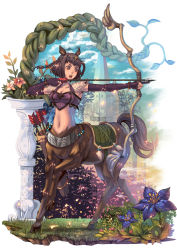 Rule 34 | 1girl, animal ears, arrow (projectile), bad id, bad pixiv id, bow (weapon), braid, brown eyes, brown hair, centaur, drawing bow, elbow gloves, fantasy, flower, fujimaru (green sparrow), gloves, highres, holding bow (weapon), hooves, midriff, monster girl, navel, open mouth, saddle, short hair, solo, tail, taur, twintails, weapon