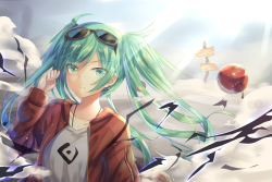 Rule 34 | 1girl, apple, blue eyes, blue hair, blush, closed mouth, collarbone, earrings, eyewear on head, food, fruit, hatsune miku, jewelry, long hair, looking at viewer, nagare yoshimi, solo, suna no wakusei (vocaloid), sunglasses, twintails, upper body, vocaloid