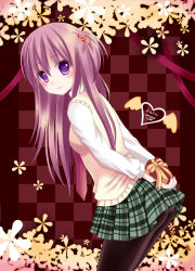 Rule 34 | 1girl, absurdres, black pantyhose, checkered background, hair bobbles, hair ornament, happy valentine, has bad revision, has downscaled revision, highres, ikeda yuuki, leaning forward, long hair, looking at viewer, md5 mismatch, necktie, original, panties, panties under pantyhose, pantyhose, pantyshot, plaid, plaid skirt, pleated skirt, purple eyes, purple hair, resolution mismatch, school uniform, side ponytail, skirt, smile, solo, source smaller, sweater vest, underwear, upskirt, valentine, white panties