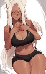 Rule 34 | 1girl, animal ears, artist name, bare arms, bare shoulders, black shorts, black sports bra, boku no hero academia, breasts, cleavage, collarbone, crescent print, dark-skinned female, dark skin, dated, grin, hands on own chest, kollerss, large breasts, long eyelashes, long hair, looking at viewer, midriff, mirko, navel, parted bangs, rabbit ears, rabbit girl, red eyes, short shorts, shorts, sitting, smile, solo, sports bra, stomach, teeth, thick thighs, thighs, toned, very long hair, white hair
