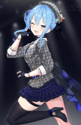 Rule 34 | 1girl, :d, ;d, absurdres, beret, black footwear, black gloves, black thighhighs, blue eyes, blue hair, blue skirt, blush, breasts, commentary request, gloves, grey hat, grey jacket, hand up, hat, high heels, highres, hololive, hoshimachi suisei, hoshimachi suisei (1st costume), jacket, long hair, looking at viewer, ochinsama, one eye closed, open mouth, partially fingerless gloves, plaid, plaid headwear, plaid jacket, plaid skirt, shoes, side ponytail, sidelocks, signature, single thighhigh, skirt, small breasts, smile, solo, standing, standing on one leg, thighhighs, twitter username, virtual youtuber