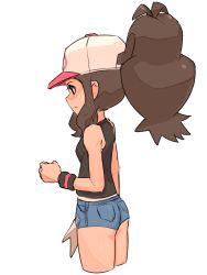 Rule 34 | 1girl, ass, bare shoulders, black vest, blue shorts, breasts, brown hair, clenched hand, creatures (company), cropped legs, denim, female focus, from side, game freak, hand up, hat, hilda (pokemon), nintendo, nyonn24, pokemon, pokemon bw, ponytail, shirt, short shorts, shorts, simple background, sleeveless, sleeveless shirt, small breasts, solo, standing, vest, white background, white hat, white shirt, wristband