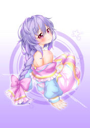 Rule 34 | 1girl, absurdres, bare shoulders, blush, bow, braid, choker, commentary request, dress, from behind, full body, hair between eyes, hair bow, highres, kami jigen game neptune v, light purple hair, long hair, long sleeves, looking at viewer, looking back, messy hair, moesode i, multicolored clothes, multicolored dress, multicolored legwear, neptune (series), pink bow, pink eyes, purple background, pururut, single braid, sitting, smile, solo, sparkling eyes, star (symbol), starry background, striped clothes, striped legwear, striped thighhighs, thighhighs, very long hair, white choker