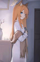 Rule 34 | 1girl, absurdres, animal ear fluff, animal ears, blue archive, blue eyes, blush, brown scarf, closed mouth, dress, from side, halo, highres, holding, indoors, long hair, long sleeves, looking at viewer, mari (blue archive), orange hair, scarf, smile, solo, somray, white dress, yellow halo