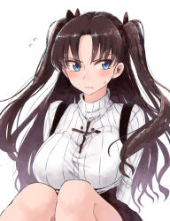 Rule 34 | &gt;:(, 1girl, adapted costume, alternate breast size, arms behind back, black hair, black skirt, blue eyes, breasts, closed mouth, cross, eyelashes, facing viewer, fate/stay night, fate (series), flying sweatdrops, frown, hair ribbon, highres, knees up, large breasts, long hair, long sleeves, looking away, looking to the side, parted bangs, pout, ribbed sweater, ribbon, rucchiifu, sideways glance, simple background, sitting, skirt, solo, suspender skirt, suspenders, sweatdrop, sweater, tohsaka rin, two side up, v-shaped eyebrows, white background, white sweater
