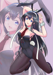 Rule 34 | 1girl, animal ears, arms behind head, arms up, black hair, black leotard, black pantyhose, blue eyes, breasts, dated, detached collar, fake animal ears, full body, hairband, kantai collection, kneeling, leotard, long hair, moke ro, necktie, no eyewear, ooyodo (kancolle), pantyhose, playboy bunny, rabbit ears, rabbit tail, red necktie, small breasts, solo, strapless, strapless leotard, tail, twitter username, white hairband, wrist cuffs, zoom layer