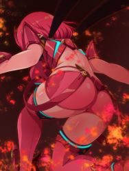 Rule 34 | 1girl, ass, ass focus, back, backless outfit, bob cut, breasts, f 1chan, fire, from behind, glowing, large breasts, midriff, on one knee, pyra (xenoblade), red hair, short sleeves, shorts, solo, suspender shorts, suspenders, thighhighs, thighs, xenoblade chronicles (series), xenoblade chronicles 2