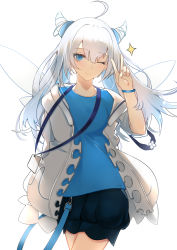 Rule 34 | 1girl, absurdres, ahoge, blouse, blue eyes, blue hair, blue shirt, blue shorts, coat, highres, id card, long hair, long sleeves, looking at viewer, mihoyo, miyouji, one eye closed, shirt, shorts, simple background, smile, solo, star (symbol), v, white background, white coat, zhourues