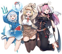 Rule 34 | 3girls, absurdres, animal hood, arms up, belt, black dress, blonde hair, bloop (gawr gura), blue eyes, blue hair, blush, breasts, brown capelet, bubble, can, capelet, cleavage, detective, dress, fins, fish tail, gawr gura, gawr gura (1st costume), hair ornament, highres, hololive, hololive english, hood, jumping, large breasts, long hair, long sleeves, looking at viewer, magnifying glass, medium breasts, mori calliope, multicolored hair, multiple girls, nail polish, open mouth, pink eyes, pink hair, polearm, scythe, shark, shark girl, shark hood, shark tail, sharp teeth, shinomu (cinomoon), shoes, short hair, shoulder spikes, simple background, smile, spikes, stethoscope, tail, teeth, thighhighs, thighs, trident, two-tone hair, veil, virtual youtuber, watson amelia, watson amelia (1st costume), weapon, white background, white footwear, white hair, zettai ryouiki