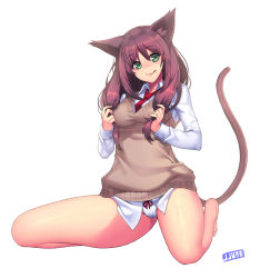 Rule 34 | 1girl, :q, animal ears, bad id, bad pixiv id, bare legs, barefoot, brown hair, cameltoe, cat ears, cat tail, green eyes, jjune, licking lips, long hair, long sleeves, looking at viewer, necktie, no pants, original, panties, school uniform, shirt, simple background, sitting, smile, solo, sweater vest, tail, tongue, tongue out, underwear, vest, wariza, white panties