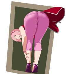 Rule 34 | 1girl, ass, ass focus, boruto: naruto next generations, denim, female focus, from behind, green eyes, haruno sakura, hellzwyn, highres, huge ass, jeans, leaning, leaning forward, looking at viewer, mature female, naruto (series), pants, pink hair, sandals, smile, solo, standing, third-party edit
