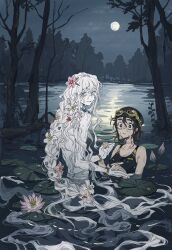Rule 34 | 1boy, 1girl, absurdres, blue eyes, degrees of lewdity, flower, flower on head, highres, ivory wraith, lake, lenereco, lotus, night, one-piece swimsuit, partially submerged, player character (degrees of lewdity), swimsuit, white hair