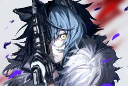 Rule 34 | 1boy, absurdres, animal ear fluff, animal ears, arknights, baihuokaihuala, black gloves, black hair, blurry, blurry background, closed mouth, collar, depth of field, fur collar, gloves, gun, highres, holding, holding gun, holding weapon, infection monitor (arknights), looking at viewer, petals, short hair, solo, upper body, vigil (arknights), weapon, wolf ears, yellow eyes