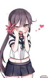 Rule 34 | &gt;:o, 10s, 1girl, :o, akebono (kancolle), bad id, bad pixiv id, bell, blush, choker, cowboy shot, fang, flower, frown, hair bell, hair between eyes, hair flower, hair ornament, hands on own face, heart, heart-shaped lock, heart-shaped pupils, heart lock (kantai collection), highres, jingle bell, kantai collection, long hair, looking at viewer, low ponytail, midriff, mitsudoue, navel, neck ribbon, one eye closed, pleated skirt, purple hair, red eyes, ribbon, school uniform, serafuku, side ponytail, simple background, skirt, solo, symbol-shaped pupils, tsundere, tsurime, twitter username, v-shaped eyebrows, very long hair, white background