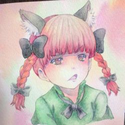 Rule 34 | 1girl, animal ears, bow, bowtie, braid, brown eyes, cat ears, d:, disgust, dress, extra ears, eyelashes, kaenbyou rin, looking away, open mouth, painting (medium), pink background, portrait, red hair, solo, touhou, traditional media, twin braids, watercolor (medium), yuyu (00365676)