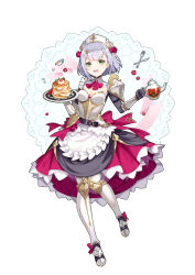 Rule 34 | 1girl, :d, absurdres, apron, armor, armored boots, armored dress, boots, braid, dress, flower, food, fork, genshin impact, green eyes, grey hair, hag (hag 015), hair flower, hair ornament, highres, holding, holding plate, knife, looking at viewer, maid apron, maid headdress, noelle (genshin impact), open mouth, pancake, pauldrons, plate, red dress, red flower, red rose, rose, short hair, shoulder armor, smile, solo, syrup, waist apron, white background