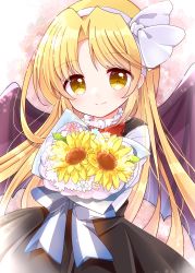 Rule 34 | 1girl, bat wings, black skirt, black wings, blonde hair, bow, bowtie, closed mouth, commentary, flower, hair ribbon, happy, head tilt, highres, holding, holding flower, kurumi (touhou), long hair, long sleeves, looking at viewer, red bow, red bowtie, ribbon, shirt, skirt, smile, solo, suspender skirt, suspenders, touhou, touhou (pc-98), very long hair, waist bow, white bow, white ribbon, white shirt, wings, yellow eyes, yurufuwa milk