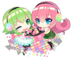 Rule 34 | 2girls, blue eyes, chibi, dress, earmuffs, eyelashes, frilled dress, frilled skirt, frills, full body, green eyes, green hair, gumi, happy synthesizer (vocaloid), heart, heart of string, long hair, megurine luka, mouthpiece, multiple girls, nijita18, one eye closed, pink hair, pouty lips, short hair, simple background, skirt, smile, transparent background, very long hair, vocaloid