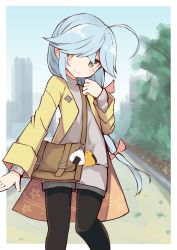 Rule 34 | 1girl, absurdres, ahoge, alternate costume, bag, black pantyhose, blue hair, blush, bow, brown eyes, closed mouth, coat, commentary request, feet out of frame, grey shirt, grey shorts, hair bow, hair over one eye, hamanami (kancolle), highres, ichi (ichi.colors), kantai collection, long hair, long sleeves, looking at viewer, open clothes, open coat, pantyhose, red bow, shirt, short shorts, shorts, shoulder bag, smile, solo, very long hair, yellow coat
