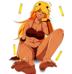 Rule 34 | 1girl, absurdres, at2., barefoot, bikini, blaze (minecraft), blaze rod, blonde hair, breasts, cleavage, closed mouth, commentary request, dark-skinned female, dark skin, dirty, dirty feet, floating, floating object, foreshortening, highres, large breasts, long hair, looking at viewer, minecraft, navel, panties, personification, shiny skin, simple background, smile, solo, swimsuit, underwear, white background, yellow eyes